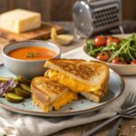 Golden, crispy grilled cheese sandwich with melted cheese and sides of tomato soup, salad, and pickles.