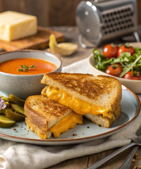 Golden, crispy grilled cheese sandwich with melted cheese and sides of tomato soup, salad, and pickles.