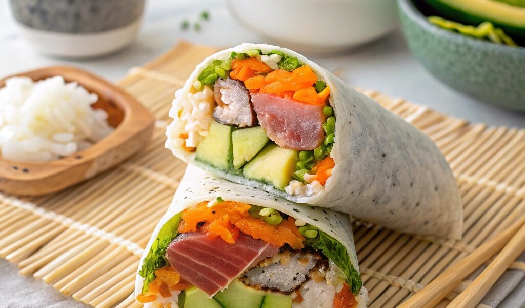 Sushi burrito cut in half showing layers of rice, fresh tuna, avocado, and vegetables, with soy sauce and chopsticks on a bamboo mat.