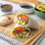 Sushi burrito cut in half showing layers of rice, fresh tuna, avocado, and vegetables, with soy sauce and chopsticks on a bamboo mat.