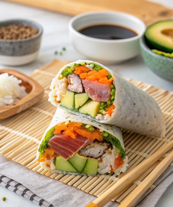 Sushi burrito cut in half showing layers of rice, fresh tuna, avocado, and vegetables, with soy sauce and chopsticks on a bamboo mat.