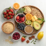 "Gluten-free diet benefits displayed through a variety of gluten-free foods like quinoa, fruits, vegetables, and gluten-free snacks."