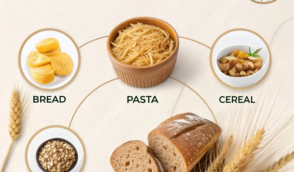 "Common gluten foods including bread, pasta, and cereal, with wheat stalks in the background."