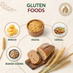 "Common gluten foods including bread, pasta, and cereal, with wheat stalks in the background."