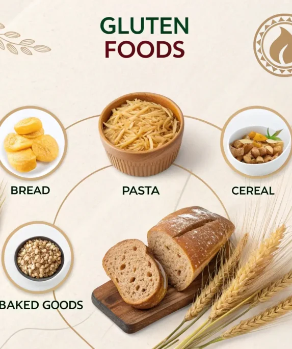 "Common gluten foods including bread, pasta, and cereal, with wheat stalks in the background."