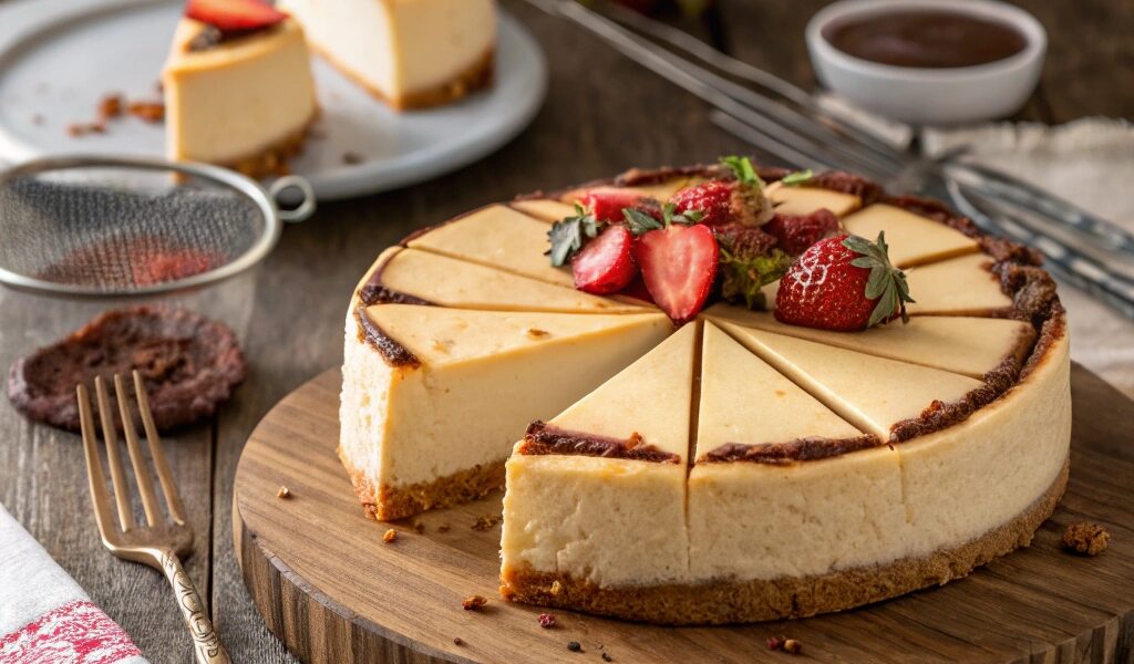 A creamy cheesecake with a golden crust, topped with fresh strawberries and chocolate drizzle, sitting on a rustic wooden table.