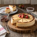 A creamy cheesecake with a golden crust, topped with fresh strawberries and chocolate drizzle, sitting on a rustic wooden table.