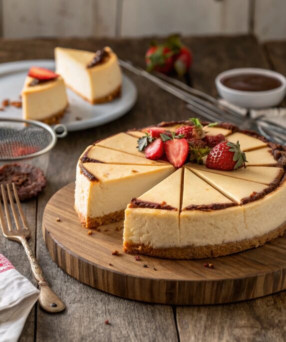 A creamy cheesecake with a golden crust, topped with fresh strawberries and chocolate drizzle, sitting on a rustic wooden table.