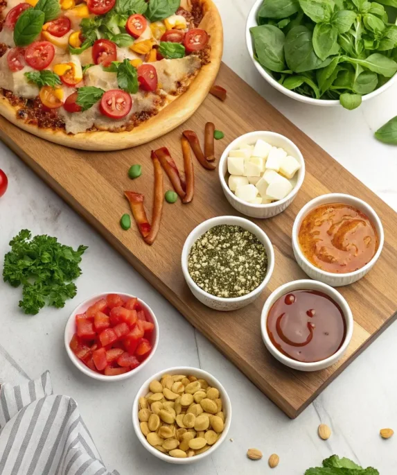 A variety of best toppings including fresh herbs, cheese, nuts, and sauces, alongside pizza, salad, and ice cream.