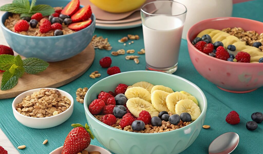 A healthy breakfast spread featuring gluten-free cereals with fresh fruits, nuts, and a glass of almond milk.