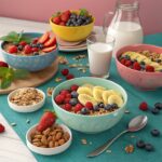 A healthy breakfast spread featuring gluten-free cereals with fresh fruits, nuts, and a glass of almond milk.