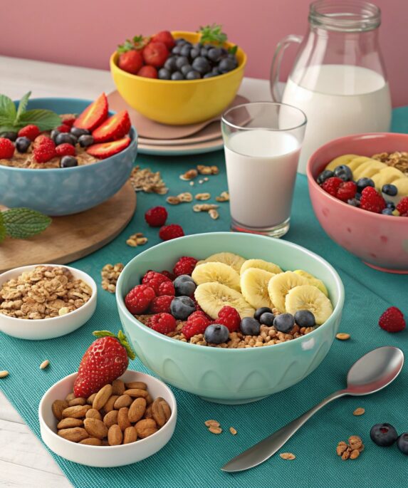 A healthy breakfast spread featuring gluten-free cereals with fresh fruits, nuts, and a glass of almond milk.