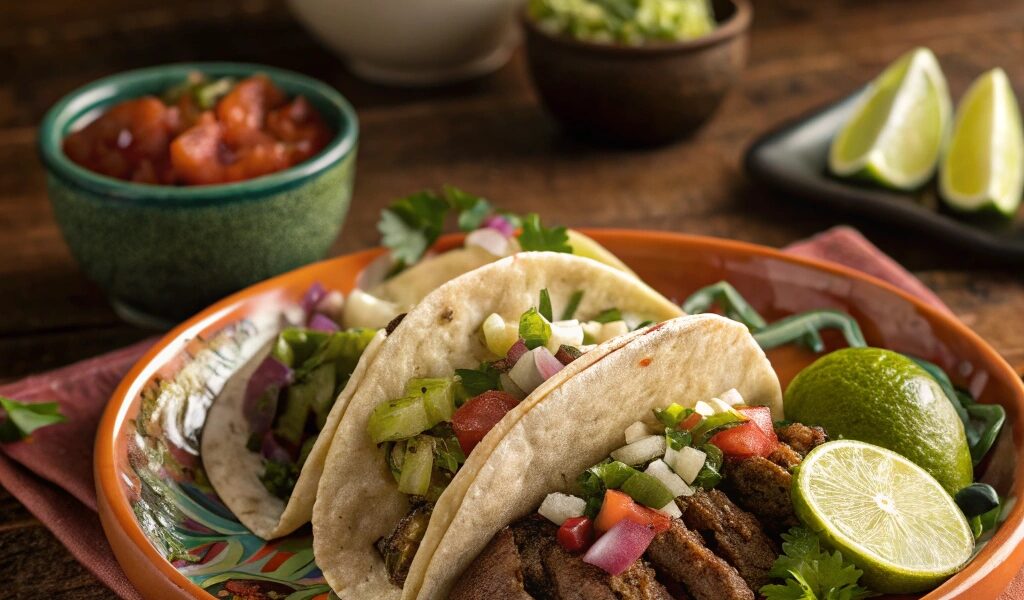 "Plate of tacos with the best cut of beef, topped with cilantro and onions, served with lime wedges and salsa on a wooden table."