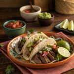 "Plate of tacos with the best cut of beef, topped with cilantro and onions, served with lime wedges and salsa on a wooden table."