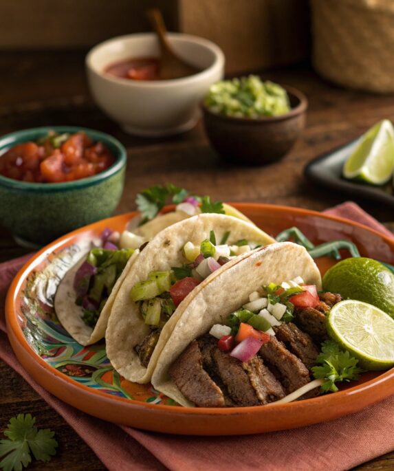 "Plate of tacos with the best cut of beef, topped with cilantro and onions, served with lime wedges and salsa on a wooden table."