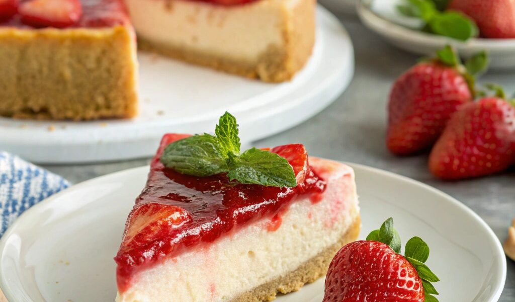 A slice of strawberry cheesecake with a creamy base, glossy strawberry topping, and a golden crust, garnished with mint and fresh strawberry.