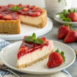 A slice of strawberry cheesecake with a creamy base, glossy strawberry topping, and a golden crust, garnished with mint and fresh strawberry.