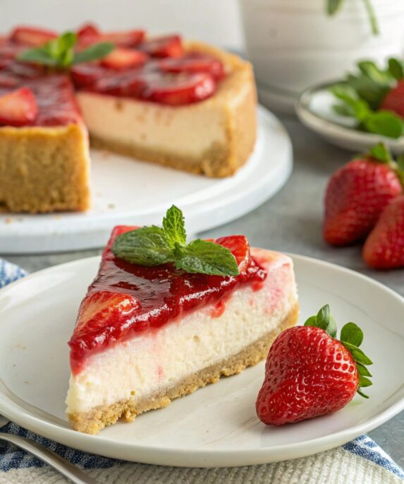 A slice of strawberry cheesecake with a creamy base, glossy strawberry topping, and a golden crust, garnished with mint and fresh strawberry.