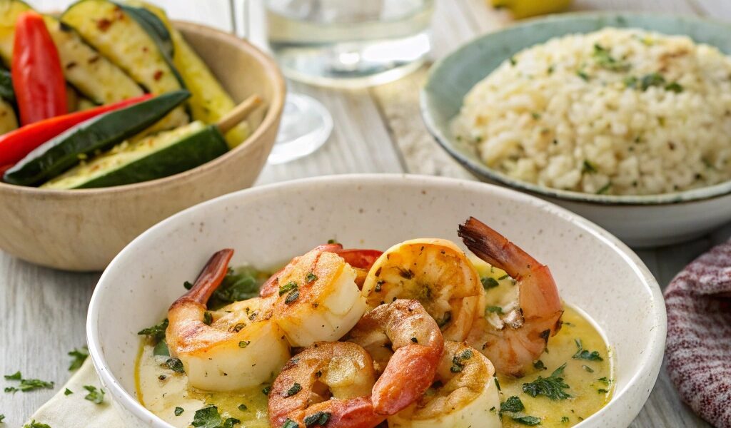 Garlic shrimp served with herbed rice, grilled vegetables, and white wine on a rustic wooden table.