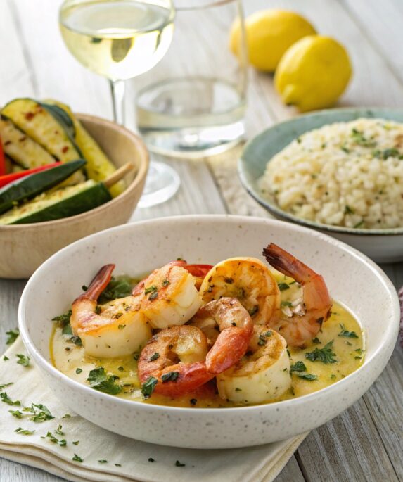 Garlic shrimp served with herbed rice, grilled vegetables, and white wine on a rustic wooden table.