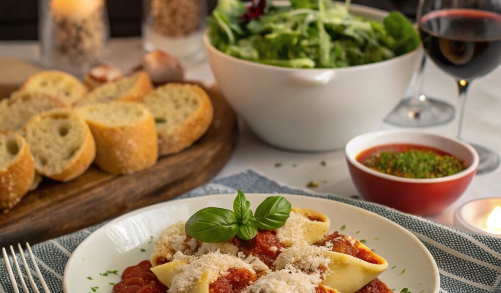 Stuffed shells with marinara sauce served alongside Caesar salad, garlic bread, and red wine in a cozy dining setup.