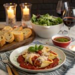 Stuffed shells with marinara sauce served alongside Caesar salad, garlic bread, and red wine in a cozy dining setup.