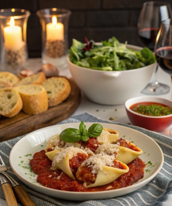 Stuffed shells with marinara sauce served alongside Caesar salad, garlic bread, and red wine in a cozy dining setup.