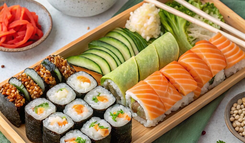 A colorful assortment of sushi rolls made with various wraps, including nori, soy paper, cucumber, and rice paper, served on a wooden tray.