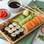 A colorful assortment of sushi rolls made with various wraps, including nori, soy paper, cucumber, and rice paper, served on a wooden tray.