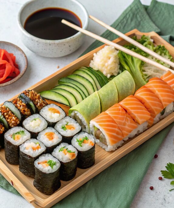 A colorful assortment of sushi rolls made with various wraps, including nori, soy paper, cucumber, and rice paper, served on a wooden tray.