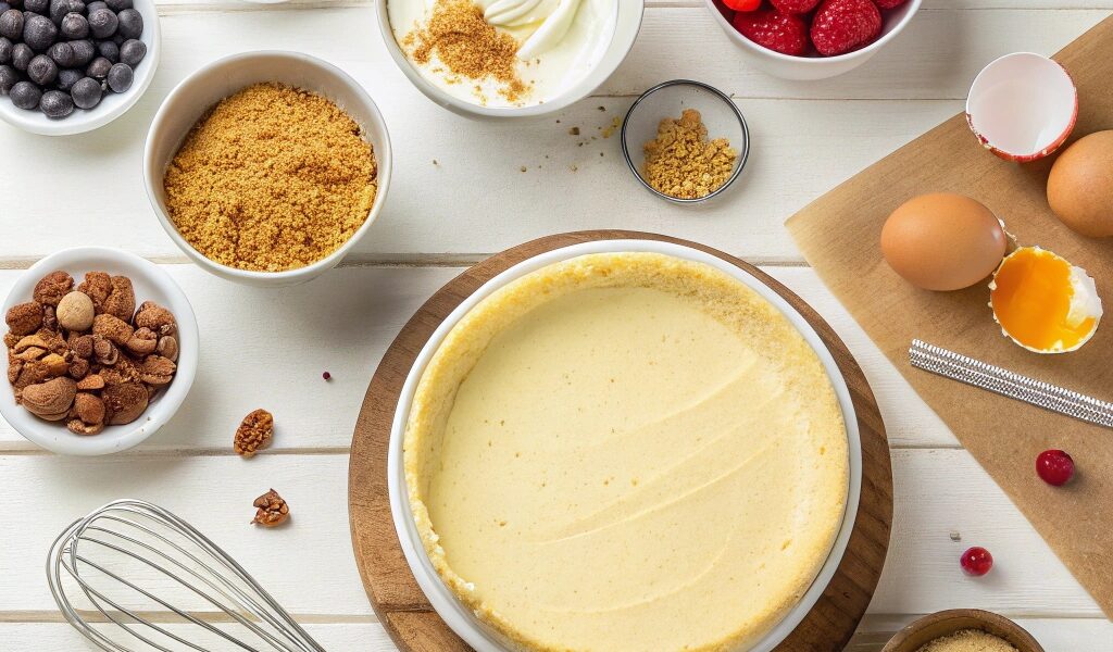 A partially assembled cheesecake surrounded by ingredients like cream cheese, eggs, sugar, and graham cracker crumbs on a wooden countertop.