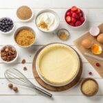 A partially assembled cheesecake surrounded by ingredients like cream cheese, eggs, sugar, and graham cracker crumbs on a wooden countertop.