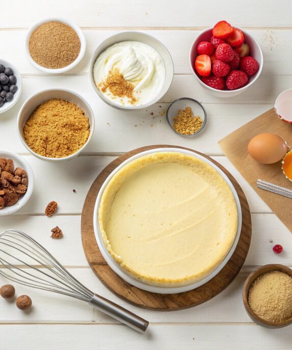 A partially assembled cheesecake surrounded by ingredients like cream cheese, eggs, sugar, and graham cracker crumbs on a wooden countertop.