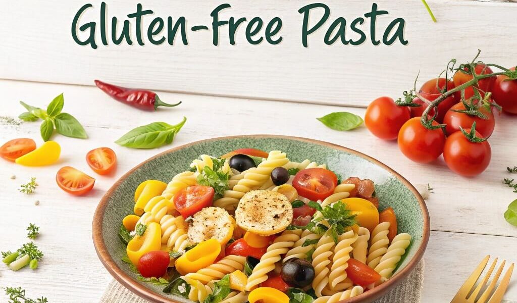 A colorful plate of gluten-free pasta with fresh vegetables, herbs, and different pasta shapes like spaghetti and penne on a rustic wooden table.