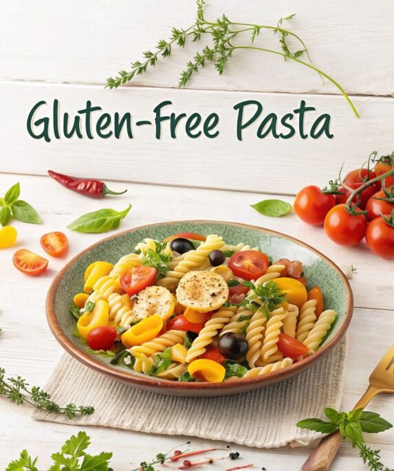 A colorful plate of gluten-free pasta with fresh vegetables, herbs, and different pasta shapes like spaghetti and penne on a rustic wooden table.