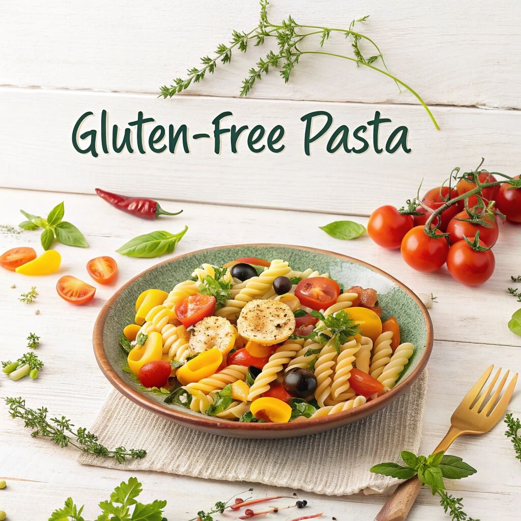 A colorful plate of gluten-free pasta with fresh vegetables, herbs, and different pasta shapes like spaghetti and penne on a rustic wooden table.