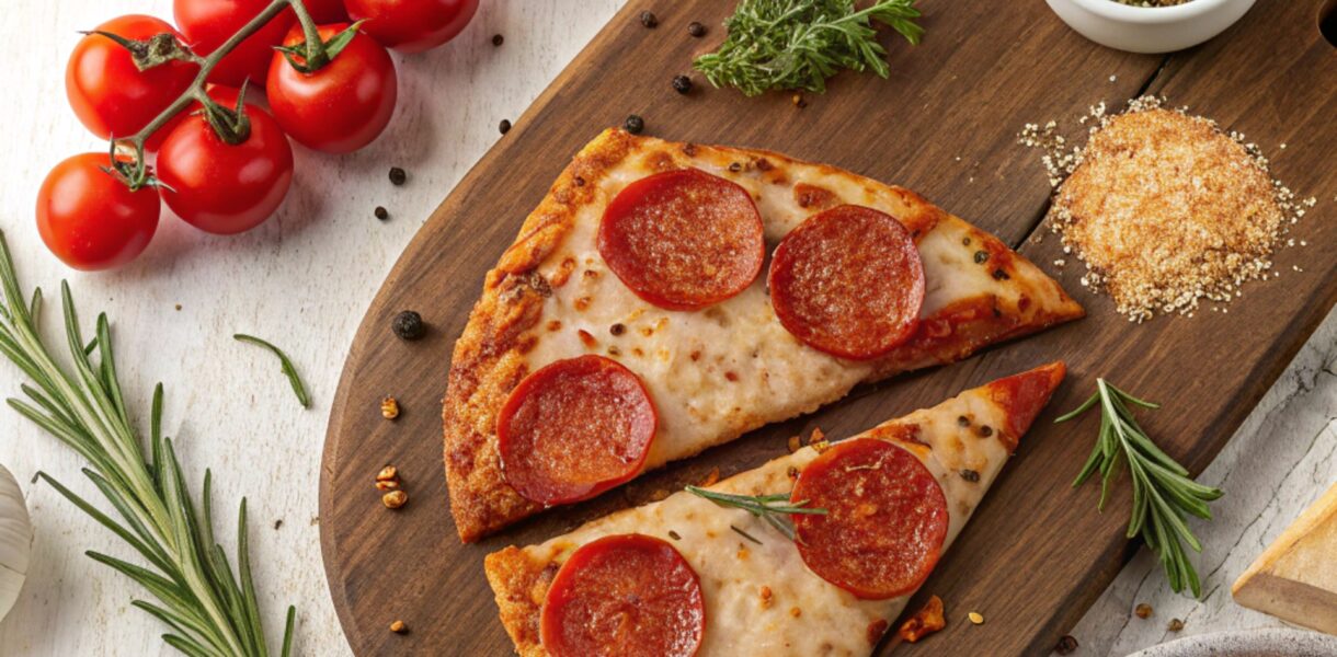 "Rustic display of traditional pepperoni slices, spices, and healthier alternatives like turkey and vegan pepperoni, surrounded by fresh herbs."