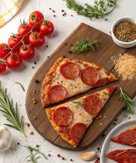 "Rustic display of traditional pepperoni slices, spices, and healthier alternatives like turkey and vegan pepperoni, surrounded by fresh herbs."