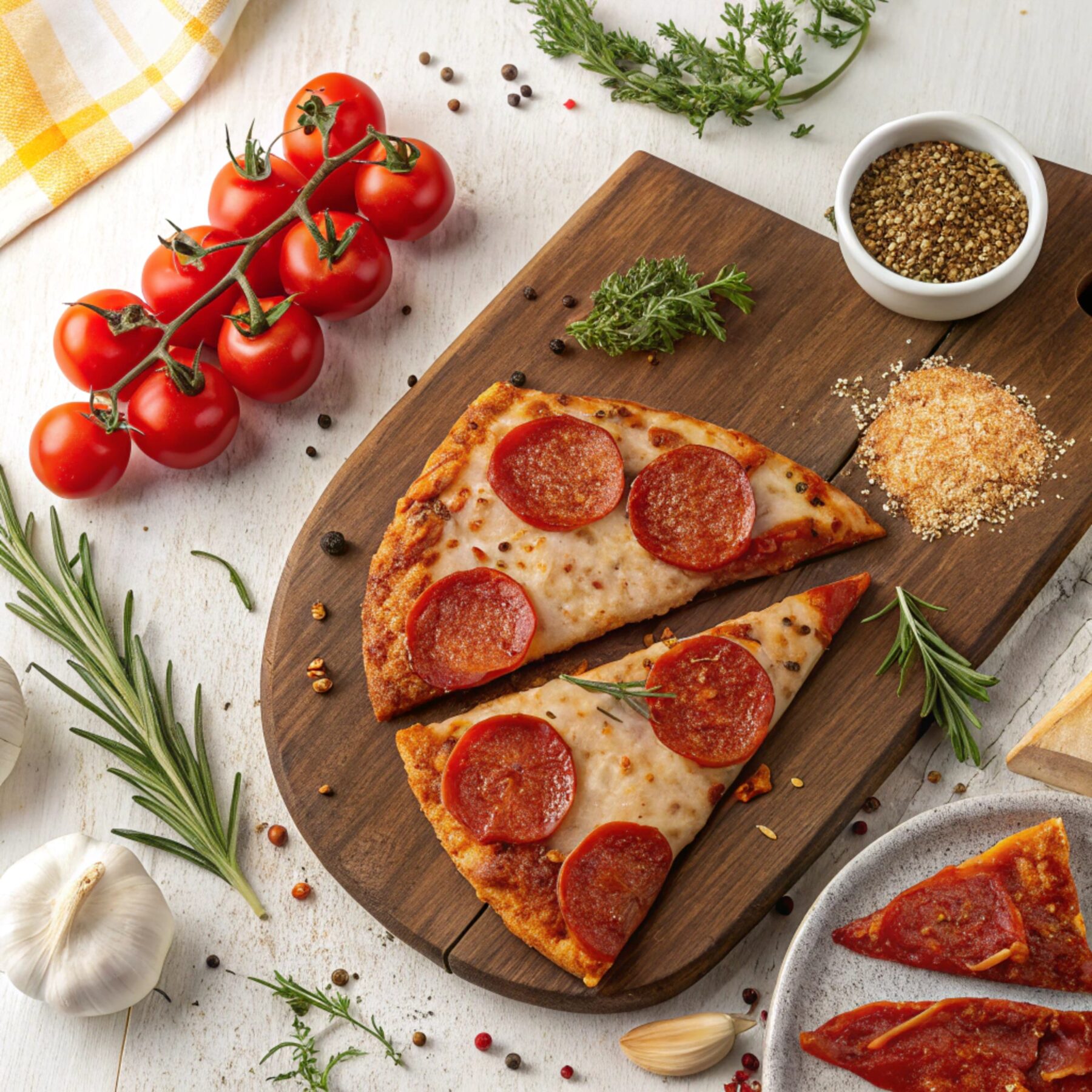 "Rustic display of traditional pepperoni slices, spices, and healthier alternatives like turkey and vegan pepperoni, surrounded by fresh herbs."