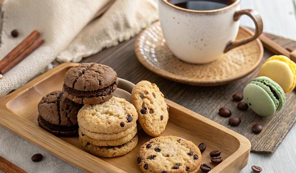 A steaming cup of coffee paired with an assortment of cookies, including chocolate chip, biscotti, and macarons, on a rustic wooden tray.