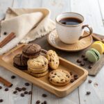 A steaming cup of coffee paired with an assortment of cookies, including chocolate chip, biscotti, and macarons, on a rustic wooden tray.