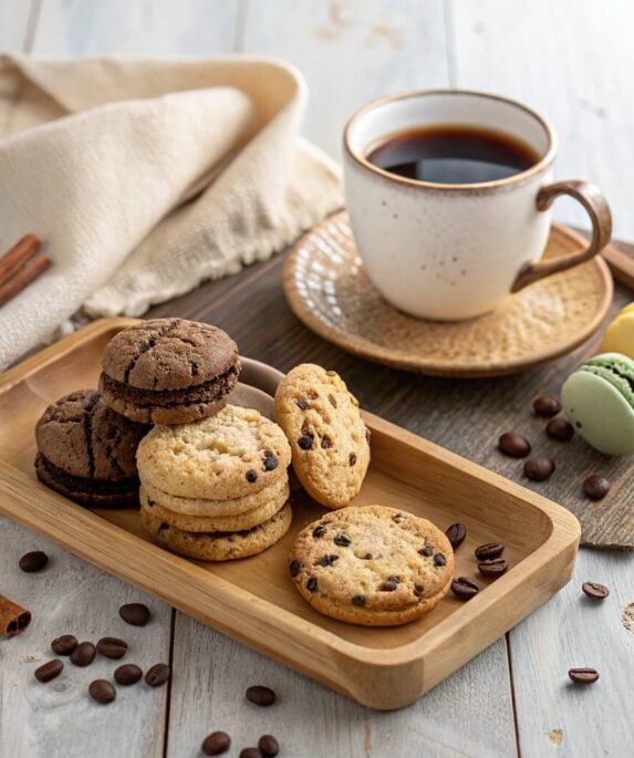 A steaming cup of coffee paired with an assortment of cookies, including chocolate chip, biscotti, and macarons, on a rustic wooden tray.