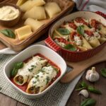 Stuffed shells with marinara and manicotti with béchamel, surrounded by fresh herbs and Parmesan in a rustic kitchen setup.