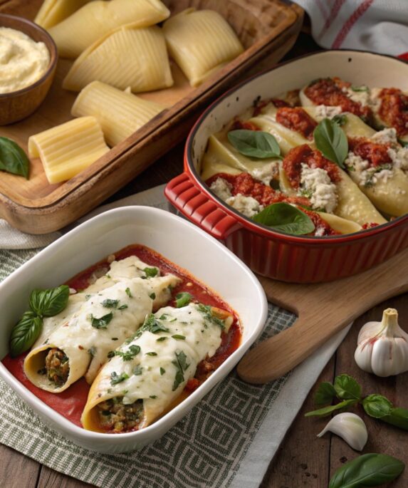 Stuffed shells with marinara and manicotti with béchamel, surrounded by fresh herbs and Parmesan in a rustic kitchen setup.