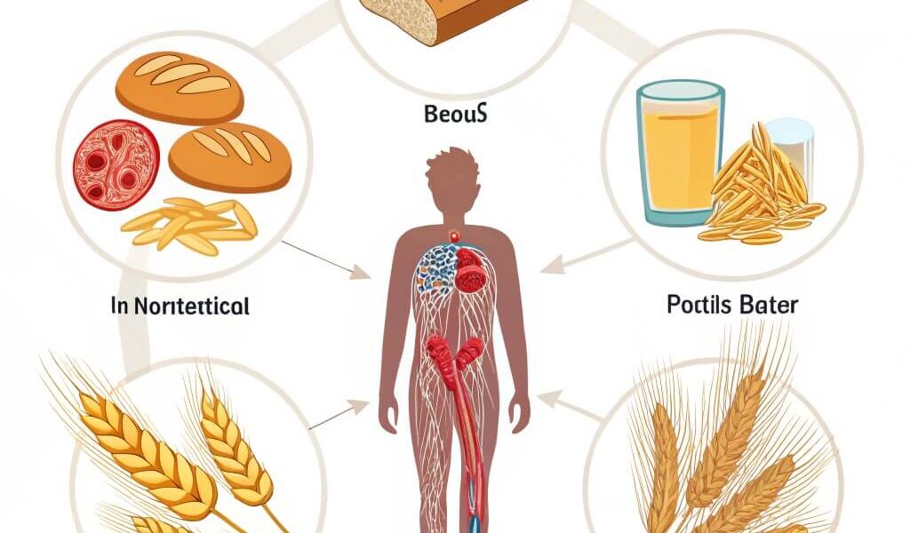 Effect of gluten on the body, including sources like wheat, barley, and rye, and its impact on digestion and gut health.