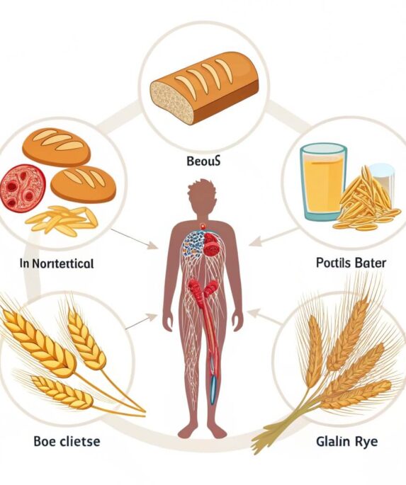 Effect of gluten on the body, including sources like wheat, barley, and rye, and its impact on digestion and gut health.