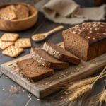 Gluten in rye gives bread and crackers their dense texture and flavor. Rye bread and rye-based products displayed on a wooden board.