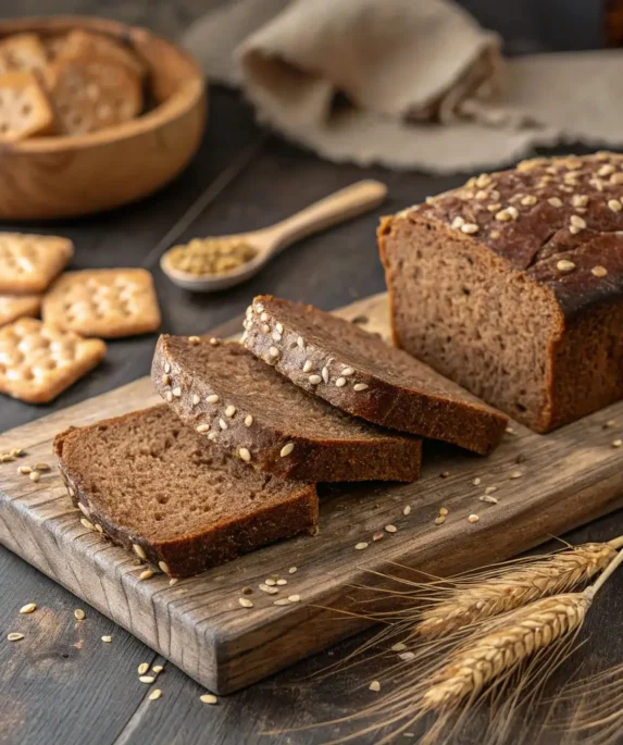 Gluten in rye gives bread and crackers their dense texture and flavor. Rye bread and rye-based products displayed on a wooden board.