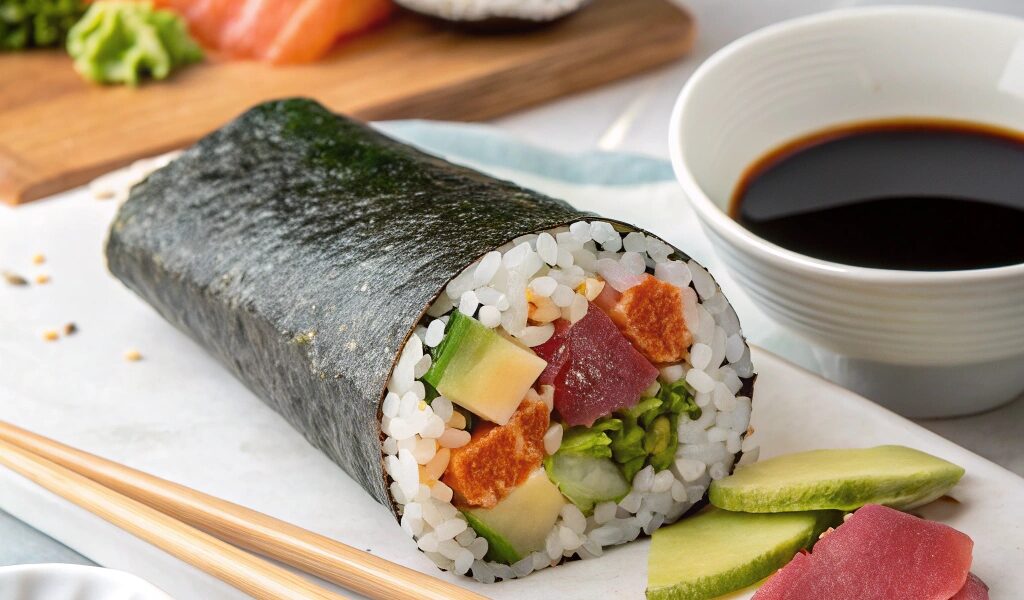 "A sliced sushi burrito showcasing colorful tuna, avocado, cucumber, and rice, served with chopsticks and soy sauce on a clean background."