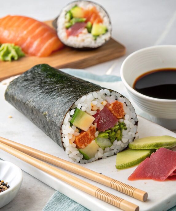 "A sliced sushi burrito showcasing colorful tuna, avocado, cucumber, and rice, served with chopsticks and soy sauce on a clean background."